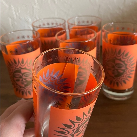🌞Set of 6 Orange Aztec Celestial MCM 1960s Sunburst Drinking Glasses Tumblers🌞 - Picture 6 of 8
